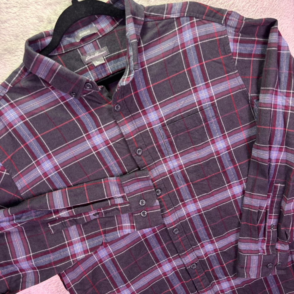 Eddie Bauer Mens Flannel Shirt Size Large Purple Gray Plaid Relaxed Fit Cotton